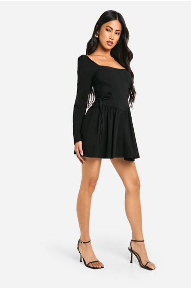 Long Sleeve Tie Waist Skater Mini Dress - black