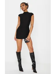 Black High Neck Ribbed Bodycon Dress - 2