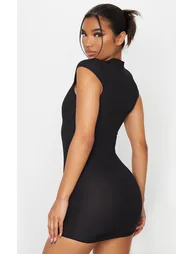 Black High Neck Ribbed Bodycon Dress - 1