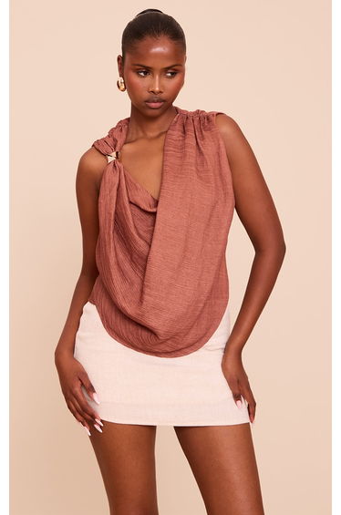 Brown Textured Woven Trim Detail Drape Top