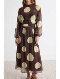 Brown-Multicolor Polka Dot High Neck A-Line/ Bell Form Maxi Woven Chiffon Dress - 2