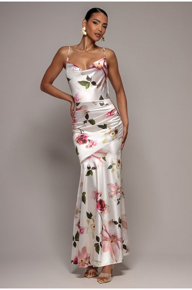 Floral Print Satin Cowl Neck Maxi Dress - Cream by Goddiva