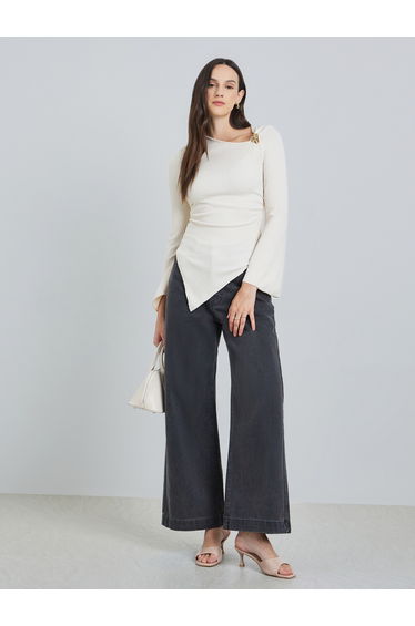 Beige Ribbed Asymmetric Neck Top
