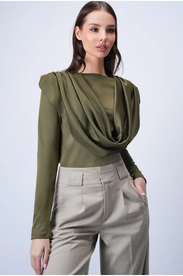 Women's Khaki Crew Neck Shoulders Draped Fixed Shawl Detailed Knitted Blouse