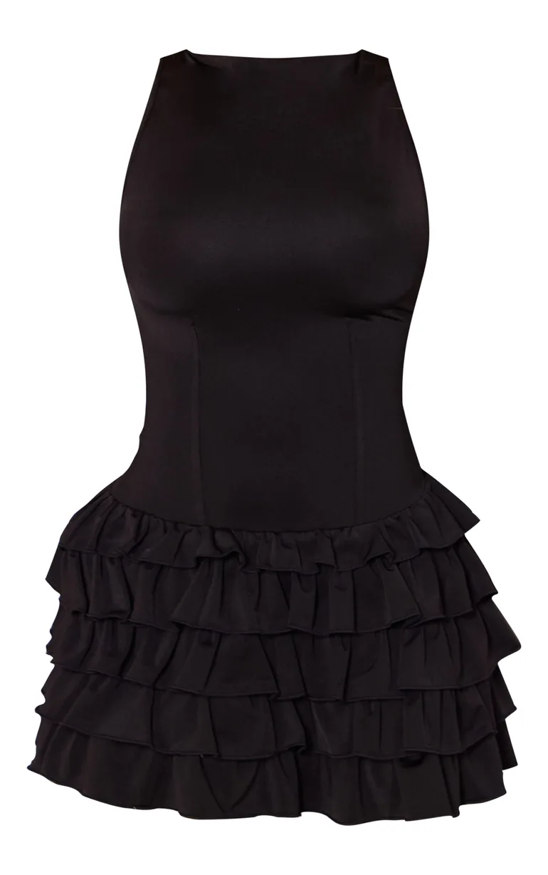 Shop Black Slinky Frill Hem Micro Mini Dress Online in Oman