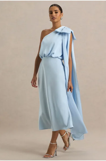 فستان ميدي كاب ساتان بياقة غير متناظرة - أزرق