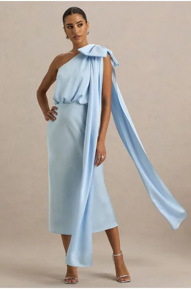 فستان ميدي كاب ساتان بياقة غير متناظرة - أزرق