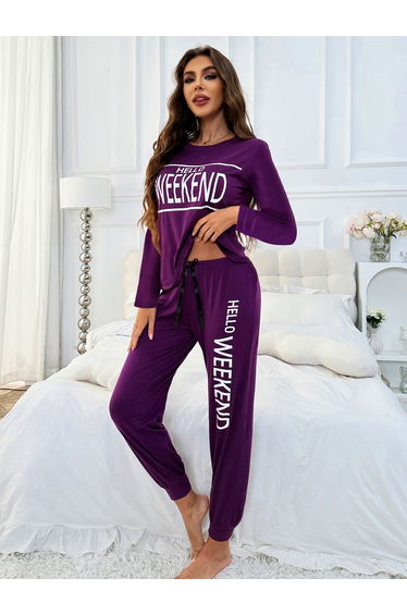 Slogan Print Long Sleeve T-Shirt and Cuffed Pyjama Set