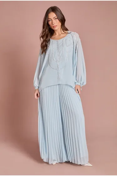 Pearl Embellished Pleated Georgette Wide Leg Trouser