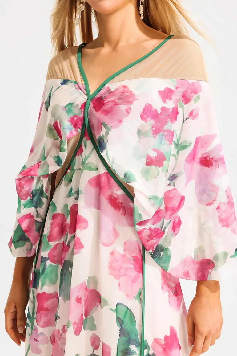 Dahlia Floral V-Neck Splicing Midi Dress - 4