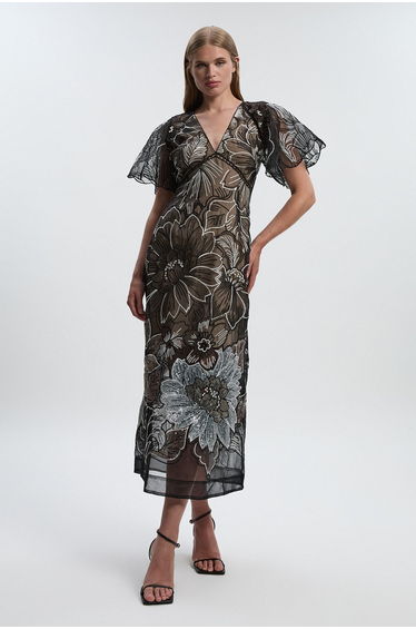 Hand Embroidered And Sequin Organdie Deep V Woven Maxi Dress