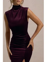 فستان مخمل أرجواني مزموم - 1