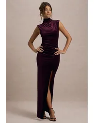 فستان مخمل أرجواني مزموم - 4