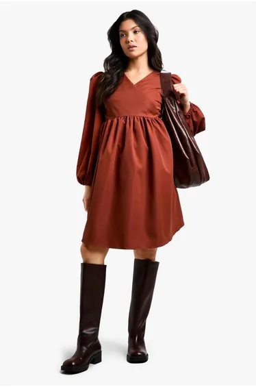 Maternity Woven Long Sleeve Wrap Smock Dress - rust