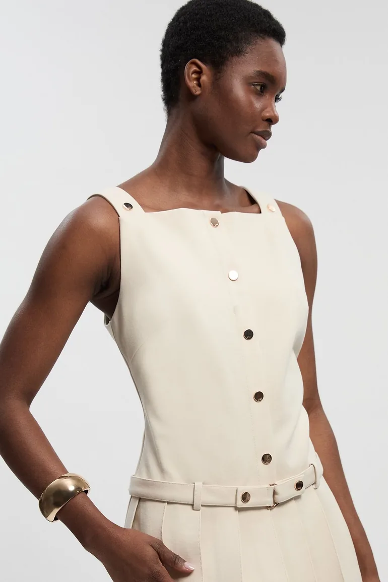 Ponte Button Front Pleated Mini Dress - 1