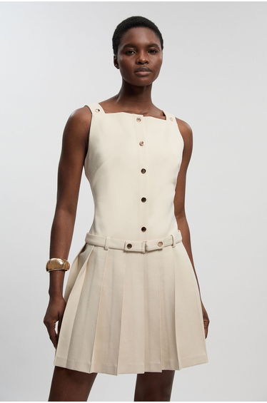Ponte Button Front Pleated Mini Dress