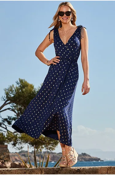 Navy Blue & Gold Metallic Spot Tie Waist Dress
