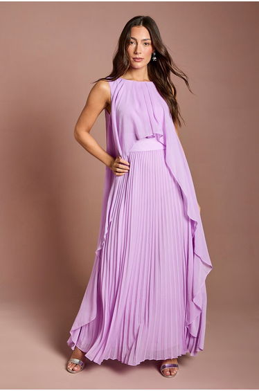 Cape Sleeve Pleated Midi Dress