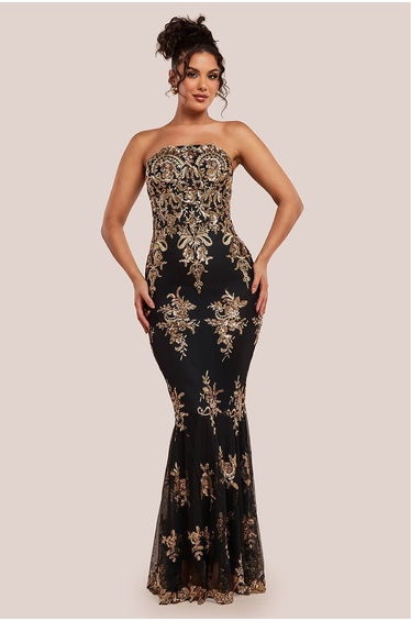 Goddiva Scallop Bandeau Sequin Mesh Floor Length Dress - Black Gold