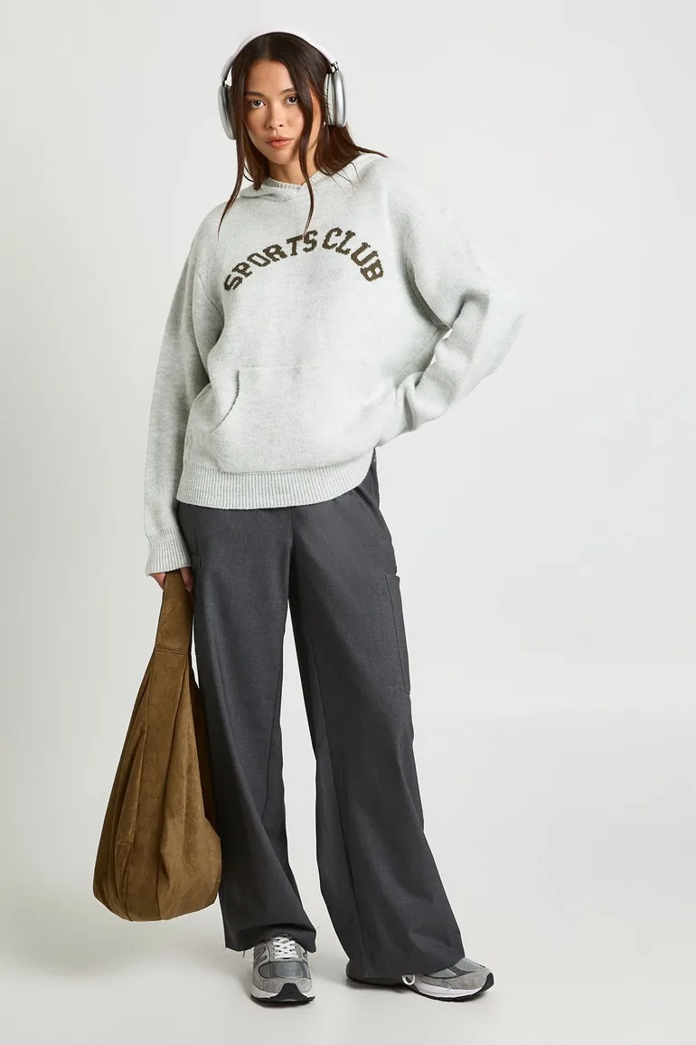 Sports Club Oversized Knitted Hoodie - grey