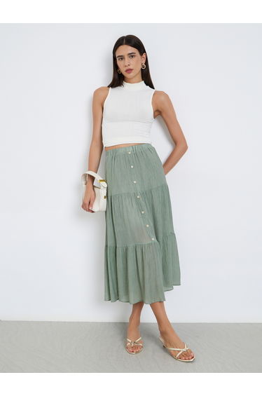 Khaki Button Detail Tiered Midi Skirt