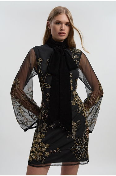 Floral Applique Embellished Organdie Woven Mini Dress