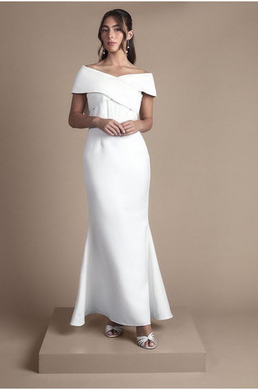 Bardot Bow Back Fishtail Wedding Dress