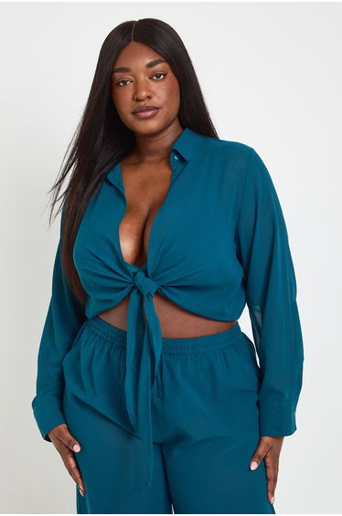 Plus Chiffon Tie Front Shirt - teal