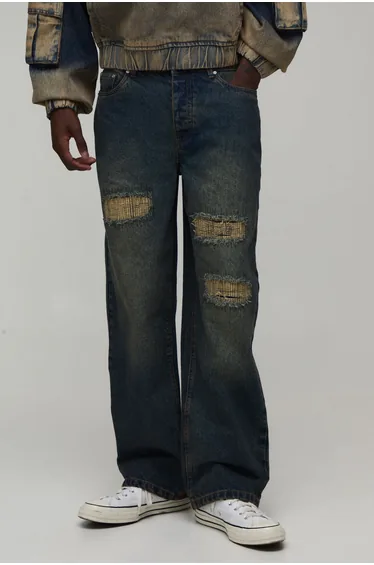 Relaxed Rip & Stitch Repair Jeans - mid wash