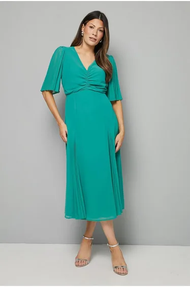 Pleat Insert V Neck Midaxi Dress