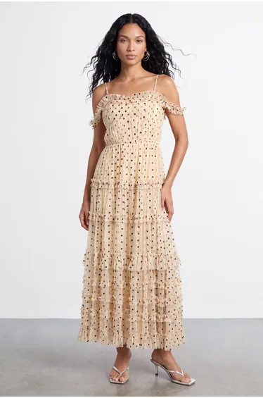 Bardot Gathered Seam Detail Tulle Maxi Dress