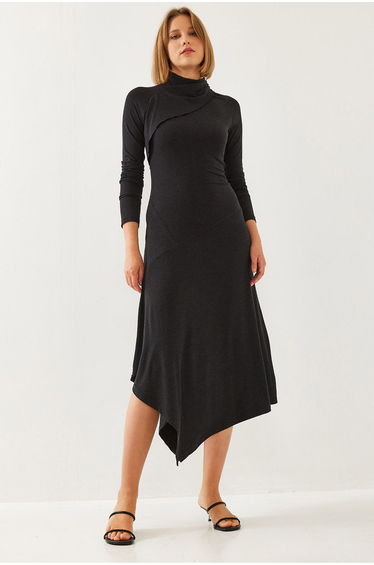 Women's Asymmetrical Cut Half Turtleneck Dress