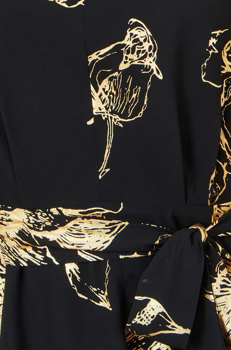 Yumi Black Foil Rose Print Midi Dress - 6
