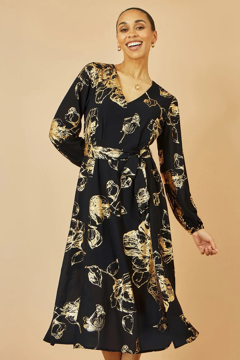 Yumi Black Foil Rose Print Midi Dress - 7