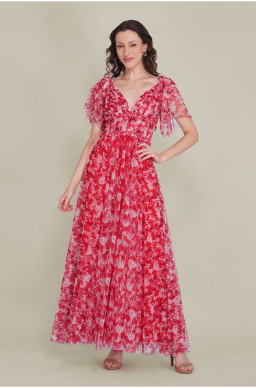 Shelby Tulle Maxi Dress in Red Floral