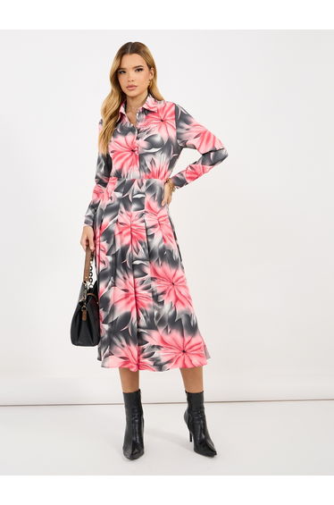 Floral Print Long Sleeves Shirt Midi Dress