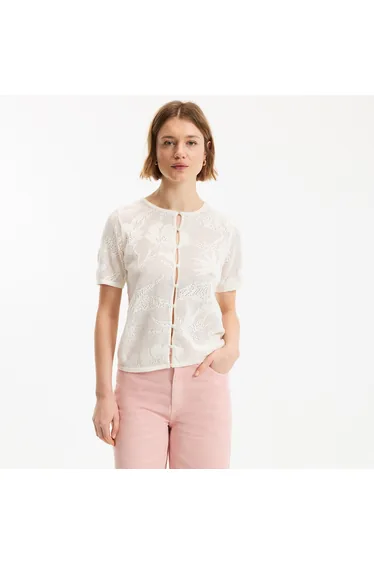 Short Crew Neck Cardigan in Fine Openwork Knit with Button Fastening