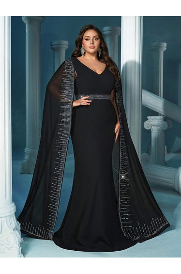 Noble Temperament Hot Drill Rhinestone Cloak Sleeve Umbrella Hem Plus Size Gown Dress