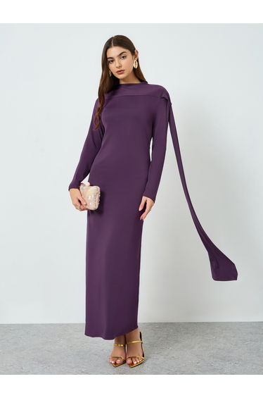 Women Purple Shoulder Ribbon Maxi Dress