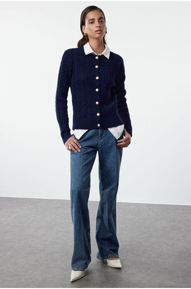 Navy Blue Knitted Detailed Crew Neck Knitwear Cardigan