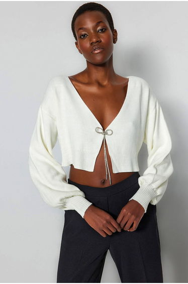 Ecru Super Crop Basic Knitwear Cardigan