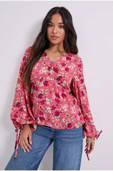 Petite Button Tie Detail Printed Top