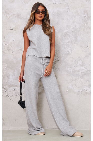 Ash Grey Marl Soft Knit Wide Leg Trousers