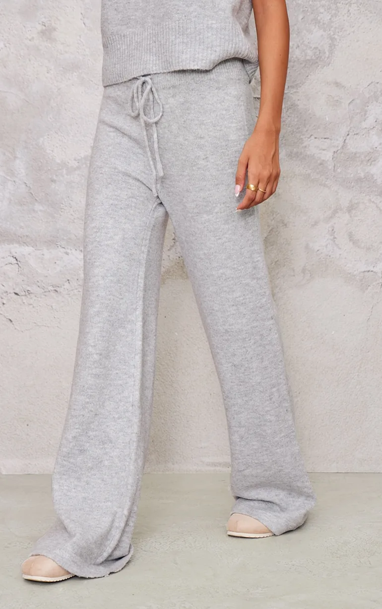 Ash Grey Marl Soft Knit Wide Leg Trousers - 1