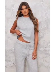Ash Grey Marl Soft Knit Wide Leg Trousers - 3
