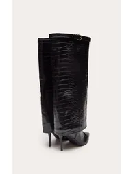 Black Croc Fold Over Heeled Knee High Boot - 3