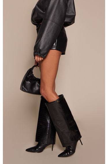 Black Croc Fold Over Heeled Knee High Boot