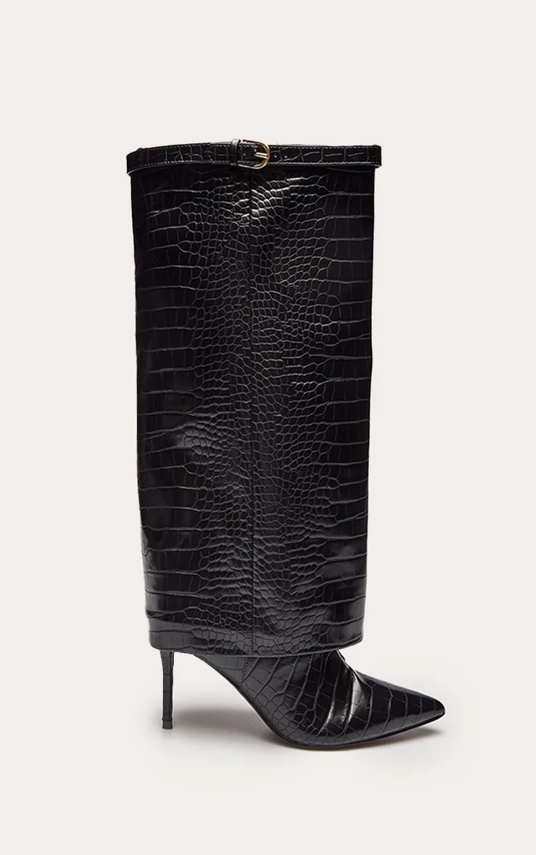 Black Croc Fold Over Heeled Knee High Boot - 1