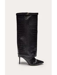 Black Croc Fold Over Heeled Knee High Boot - 1
