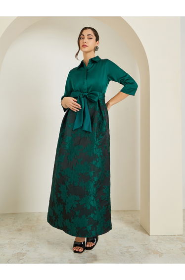 Women Green Floral Tie-Up A-Line Maxi Dress
